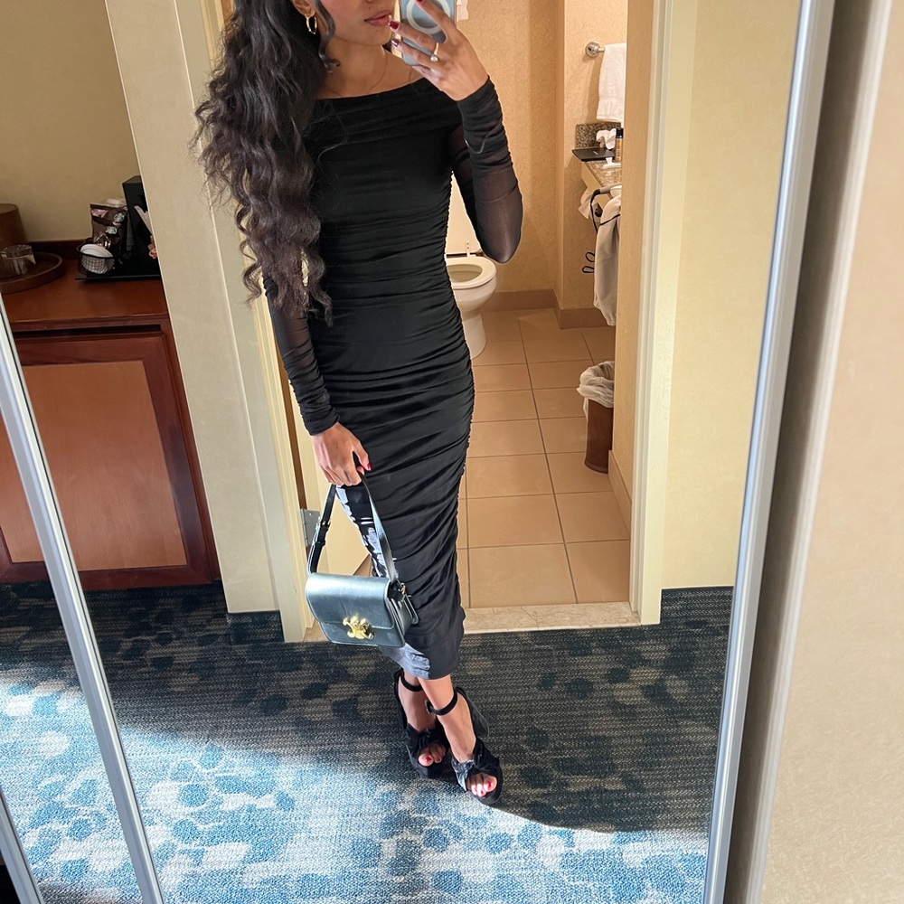 Mesh long sleeve ruched dress